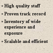 Text Box: High quality staffProven track recordInventory of wide experience and exposureScalable and efficient